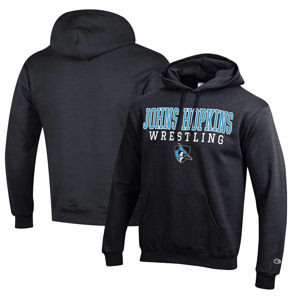 Men's Champion Black Johns Hopkins Blue Jays Wrestling Stack Logo Powerblend Pullover Hoodie