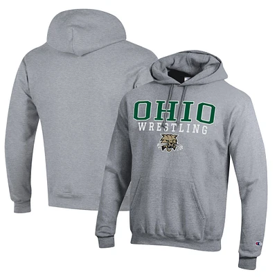 Men's Champion Heather Gray Ohio Bobcats Wrestling Stack Logo Powerblend Pullover Hoodie