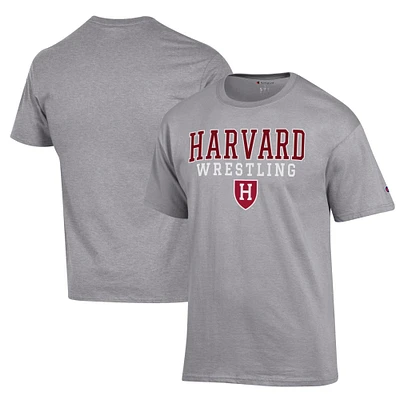 Men's Champion Gray Harvard Crimson Wrestling Stack Logo T-Shirt