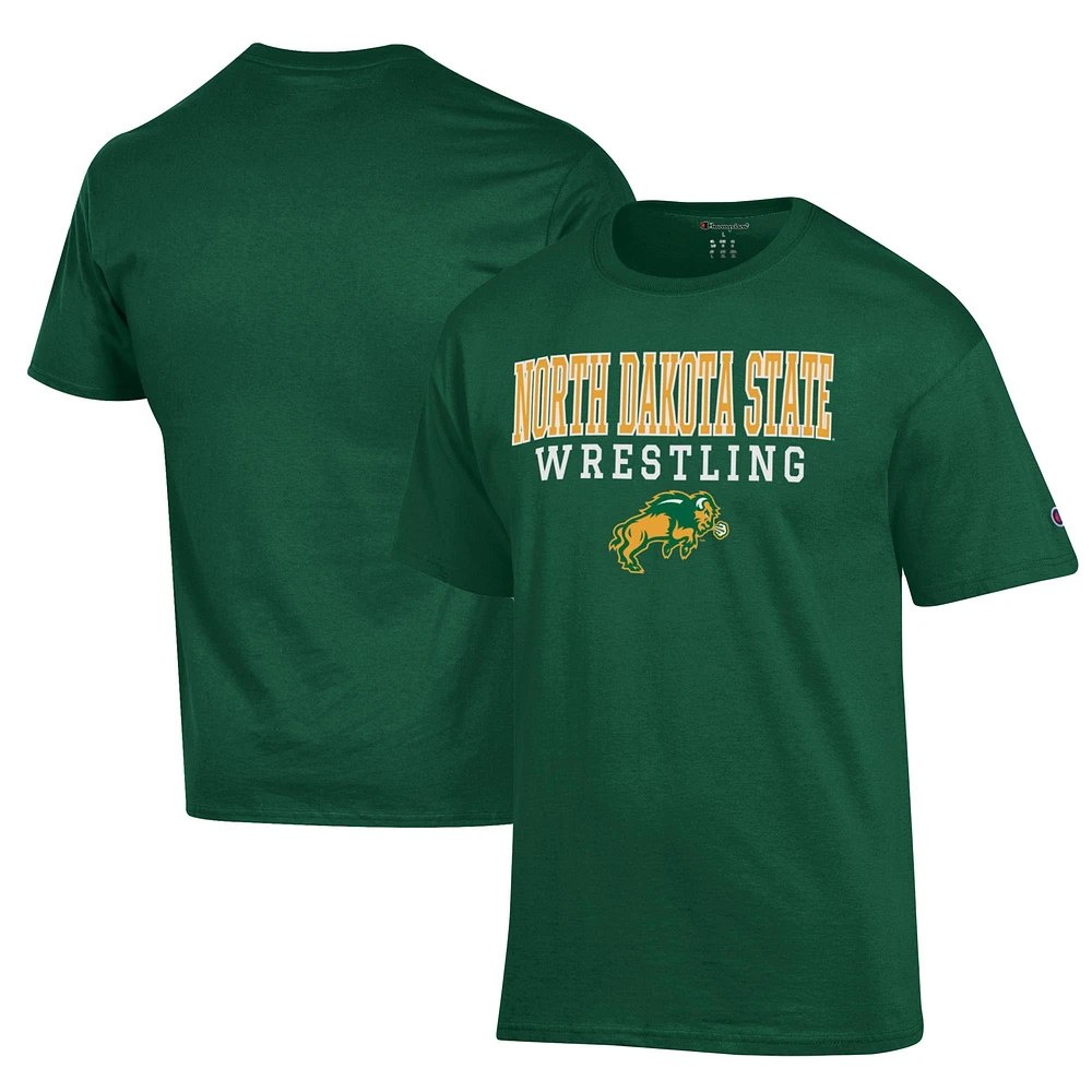 Men's Champion Green NDSU Bison Wrestling Stack Logo T-Shirt