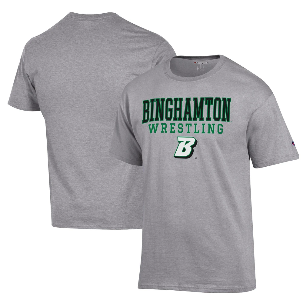 Men's Champion Gray Binghamton Bearcats Wrestling Stack Logo T-Shirt