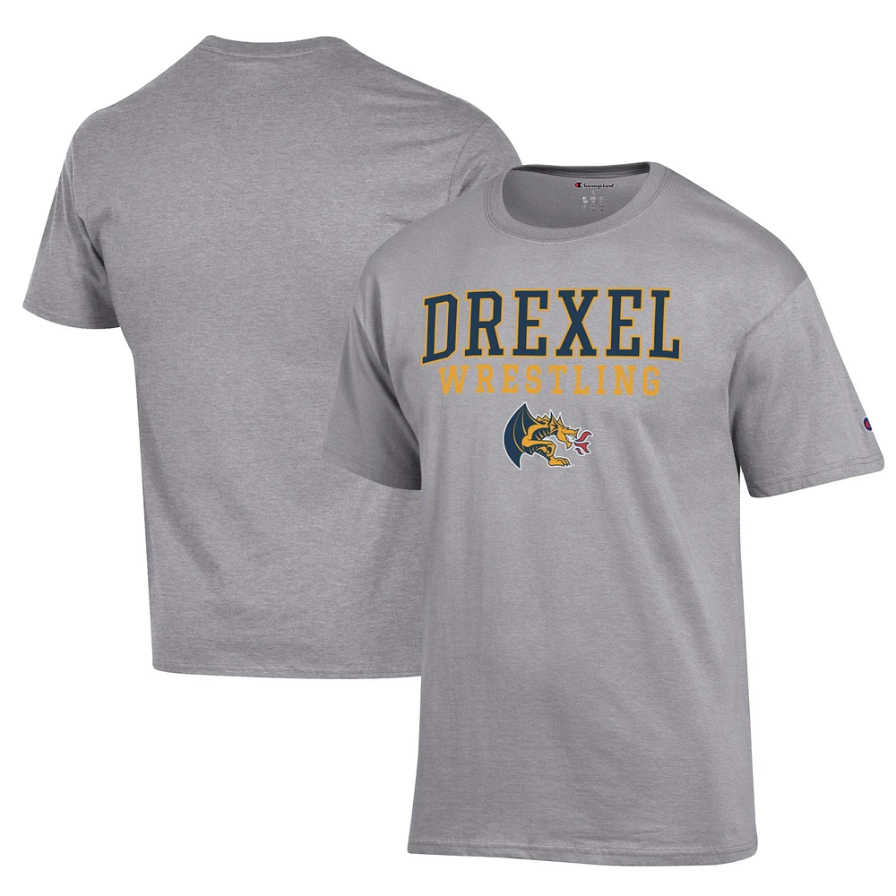 Men's Champion Gray Drexel Dragons Wrestling Stack Logo T-Shirt