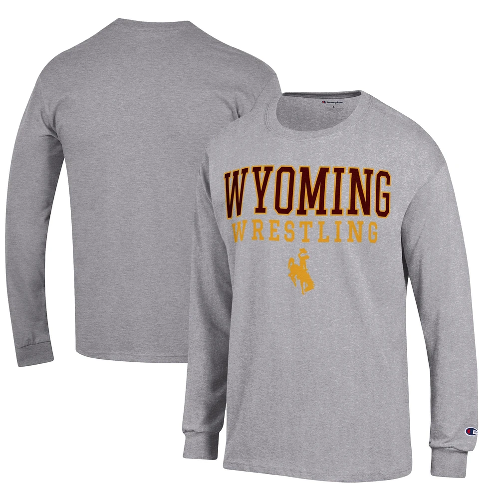 Men's Champion Heather Gray Wyoming Cowboys Wrestling Stacked Logo Long Sleeve T-Shirt