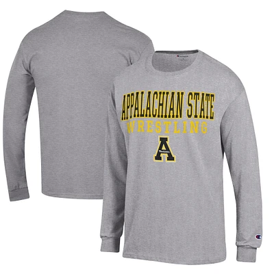 Men's Champion Heather Gray Appalachian State Mountaineers Wrestling Stacked Logo Long Sleeve T-Shirt