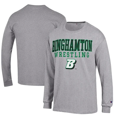 Men's Champion Heather Gray Binghamton Bearcats Wrestling Stacked Logo Long Sleeve T-Shirt