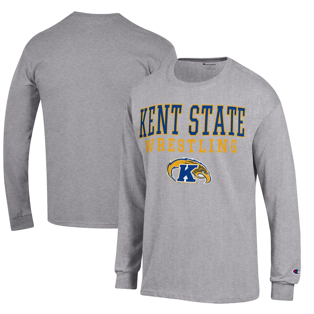 Men's Champion Heather Gray Kent State Golden Flashes Wrestling Stacked Logo Long Sleeve T-Shirt