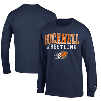 Men's Champion Navy Bucknell Bison Wrestling Stacked Logo Long Sleeve T-Shirt
