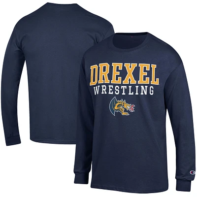Men's Champion Navy Drexel Dragons Wrestling Stacked Logo Long Sleeve T-Shirt