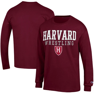 Men's Champion Crimson Harvard Wrestling Stacked Logo Long Sleeve T-Shirt