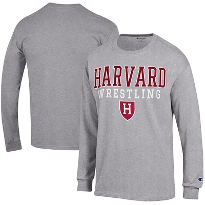 Men's Champion Heather Gray Harvard Crimson Wrestling Stacked Logo Long Sleeve T-Shirt