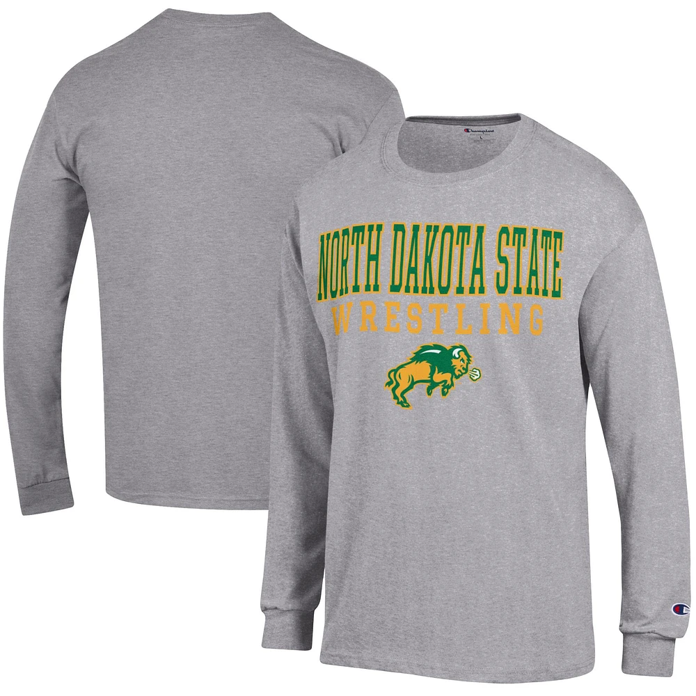 Men's Champion Heather Gray NDSU Bison Wrestling Stacked Logo Long Sleeve T-Shirt