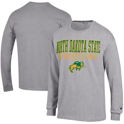 Men's Champion Heather Gray NDSU Bison Wrestling Stacked Logo Long Sleeve T-Shirt