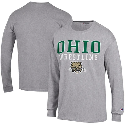 Men's Champion Heather Gray Ohio Bobcats Wrestling Stacked Logo Long Sleeve T-Shirt