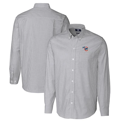 Men's Cutter & Buck Charcoal Iowa Cubs Oxford Stretch Stripe Long Sleeve Button-Down Dress Shirt