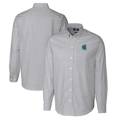 Men's Cutter & Buck Charcoal Charlotte Knights Oxford Stretch Stripe Long Sleeve Button-Down Dress Shirt
