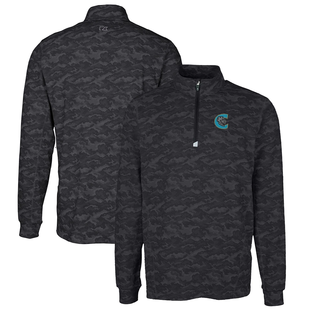 Men's Cutter & Buck Black Charlotte Knights Traverse Camo Print Stretch Quarter-Zip Pullover Top
