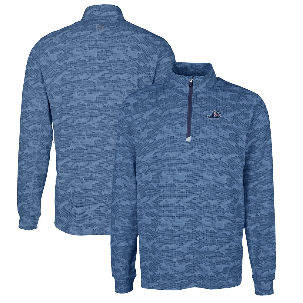 Men's Cutter & Buck Navy West Michigan Whitecaps Traverse Camo Print Stretch Quarter-Zip Pullover Top