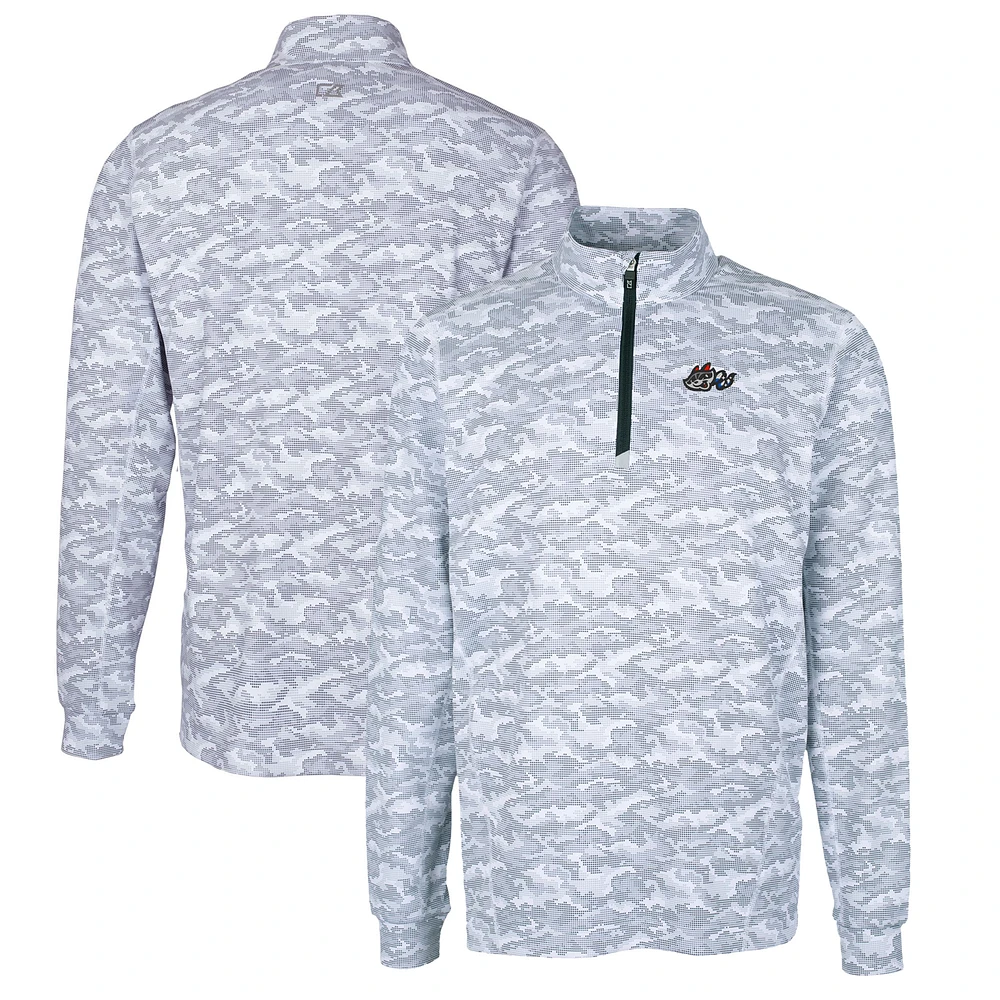 Men's Cutter & Buck Charcoal Rocket City Trash Pandas Traverse Camo Print Stretch Quarter-Zip Pullover Top