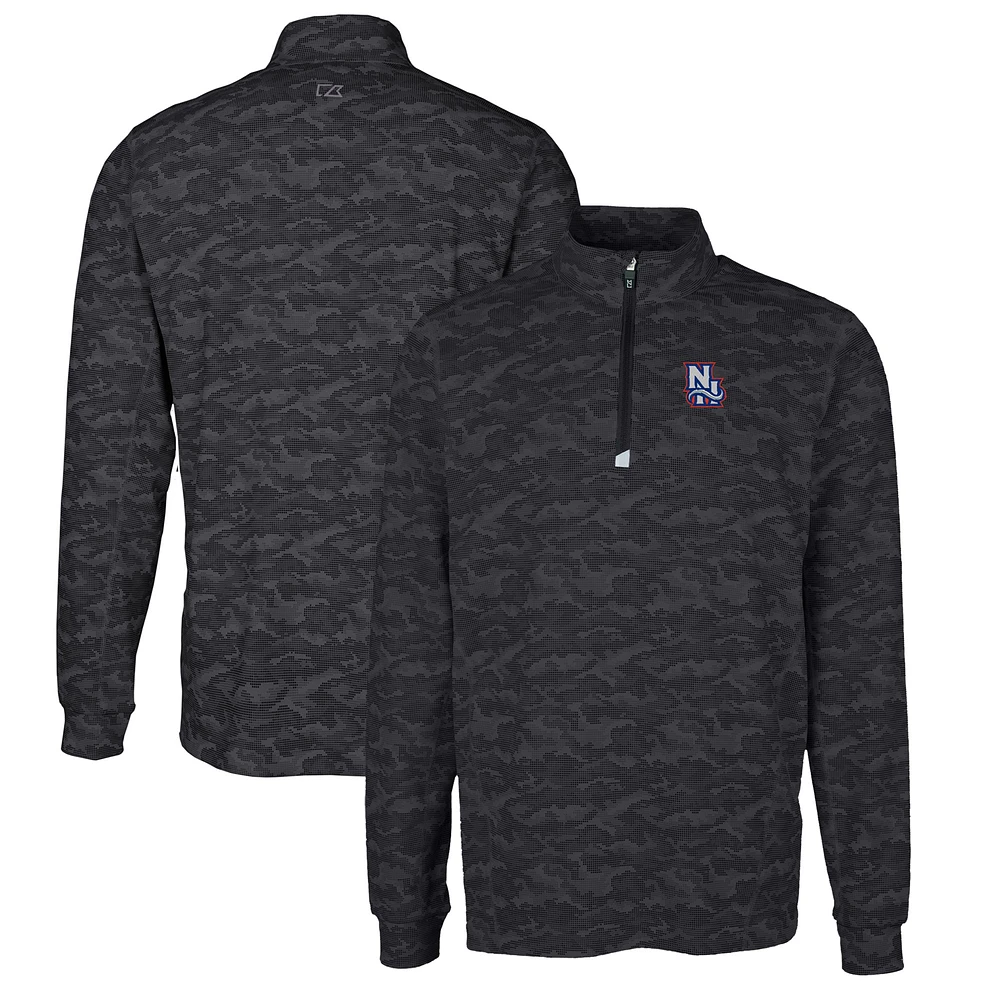 Men's Cutter & Buck Black New Hampshire Fisher Cats Traverse Camo Print Stretch Quarter-Zip Pullover Top
