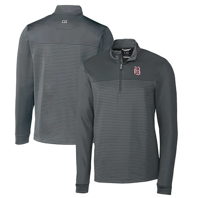 Men's Cutter & Buck Gray Birmingham Barons Traverse Stripe Stretch Quarter-Zip Pullover Top
