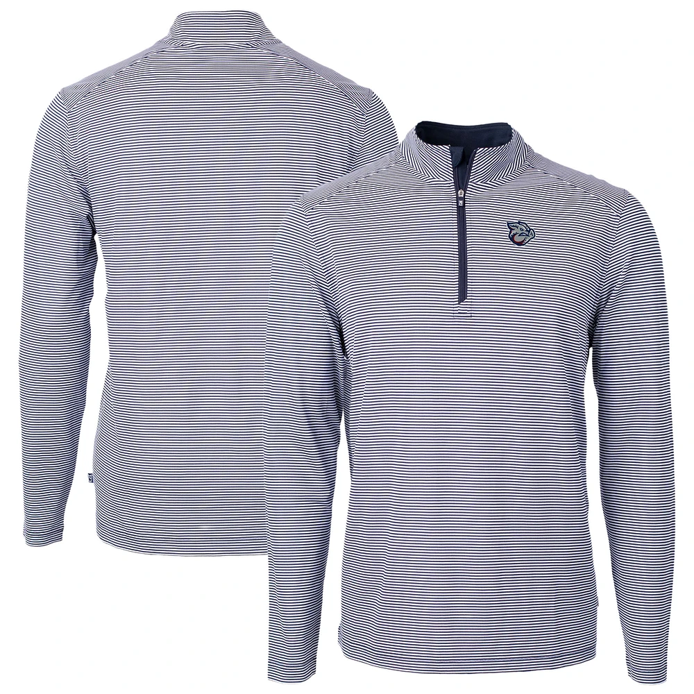 Men's Cutter & Buck Navy/White Lehigh Valley IronPigs Virtue Eco Pique Micro Stripe Recycled Quarter-Zip Pullover Top