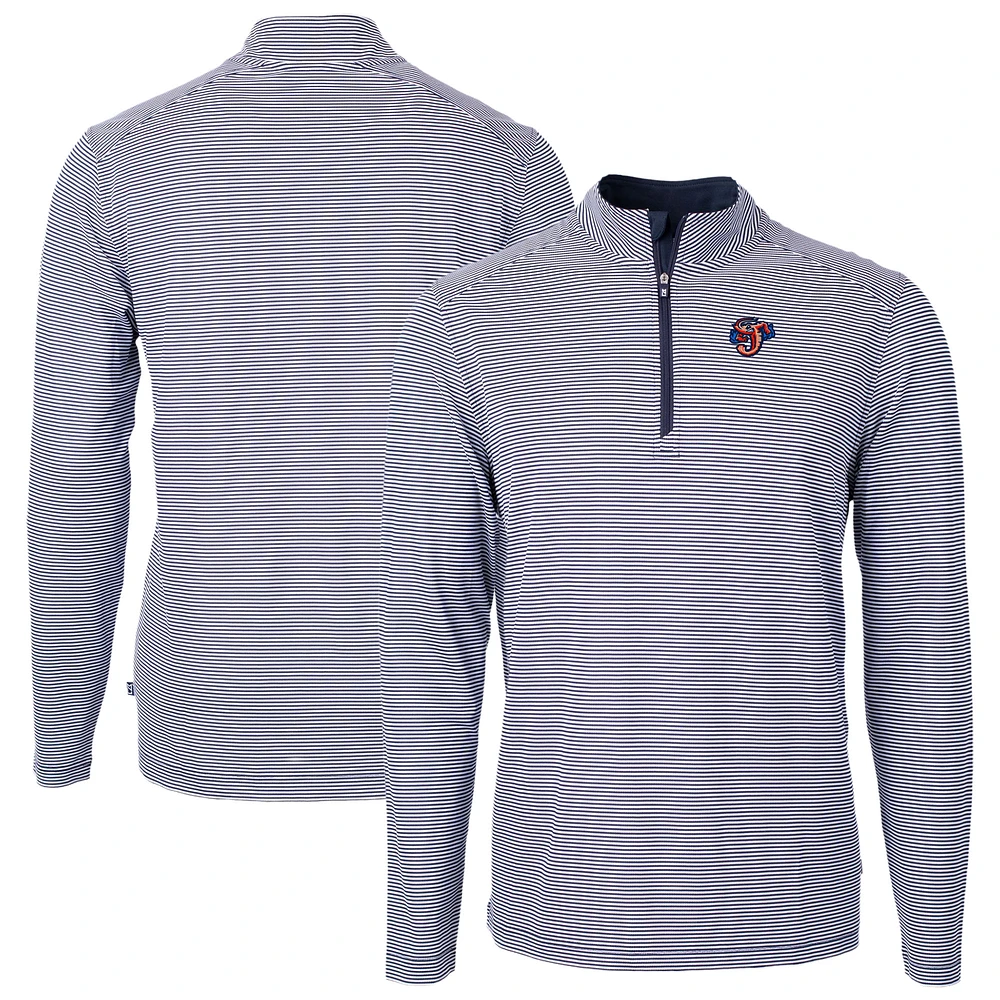Men's Cutter & Buck Navy/ Jacksonville Jumbo Shrimp Virtue Eco Pique Micro Stripe Recycled Quarter-Zip Pullover Top
