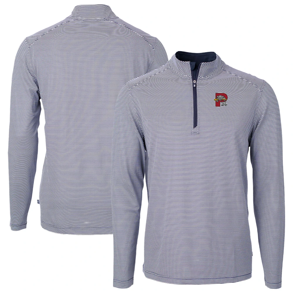 Men's Cutter & Buck Navy/ Portland Sea Dogs Virtue Eco Pique Micro Stripe Recycled Quarter-Zip Pullover Top