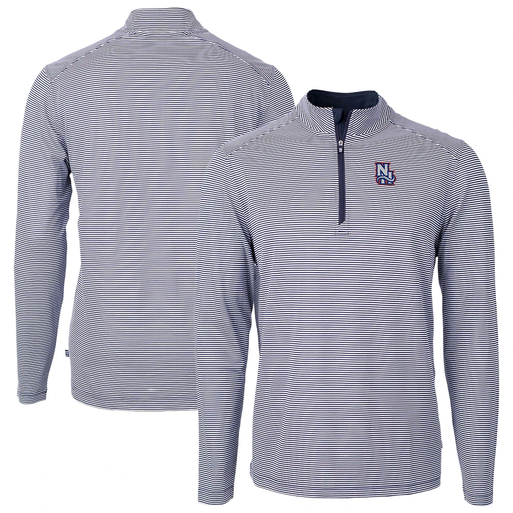 Men's Cutter & Buck Navy/ New Hampshire Fisher Cats Virtue Eco Pique Micro Stripe Recycled Quarter-Zip Pullover Top
