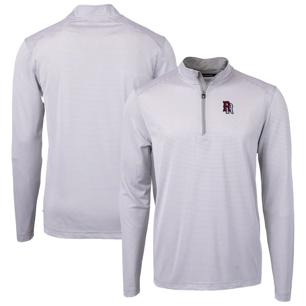 Men's Cutter & Buck Gray/White Round Rock Express Virtue Eco Pique Micro Stripe Recycled Quarter-Zip Pullover Top