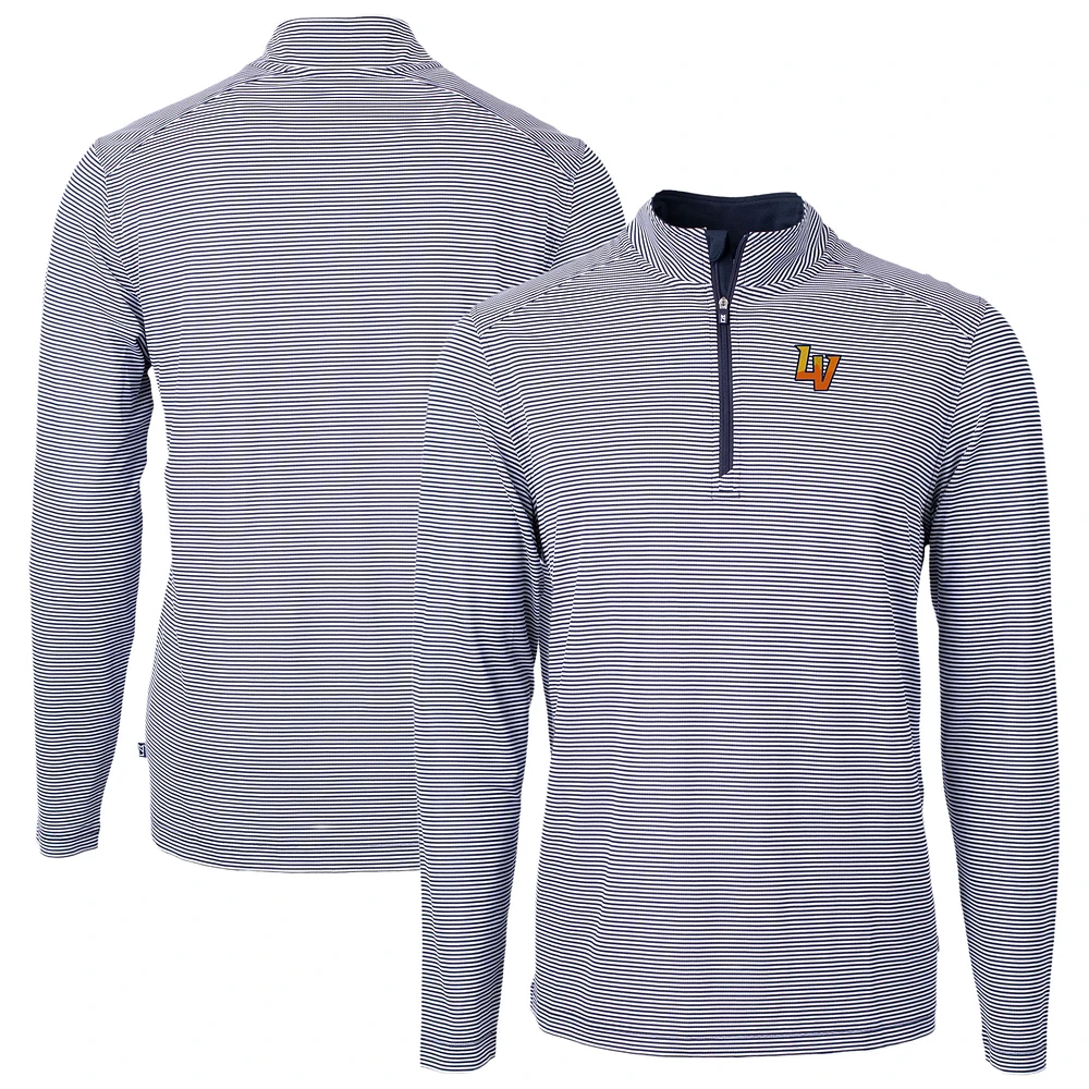 Men's Cutter & Buck Navy/White Las Vegas Aviators Virtue Eco Pique Micro Stripe Recycled Quarter-Zip Pullover Top