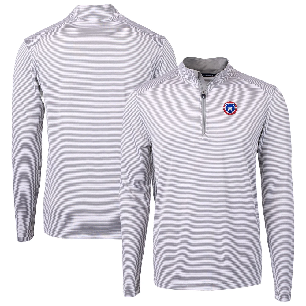 Men's Cutter & Buck Gray/White South Bend Cubs Virtue Eco Pique Micro Stripe Recycled Quarter-Zip Pullover Top