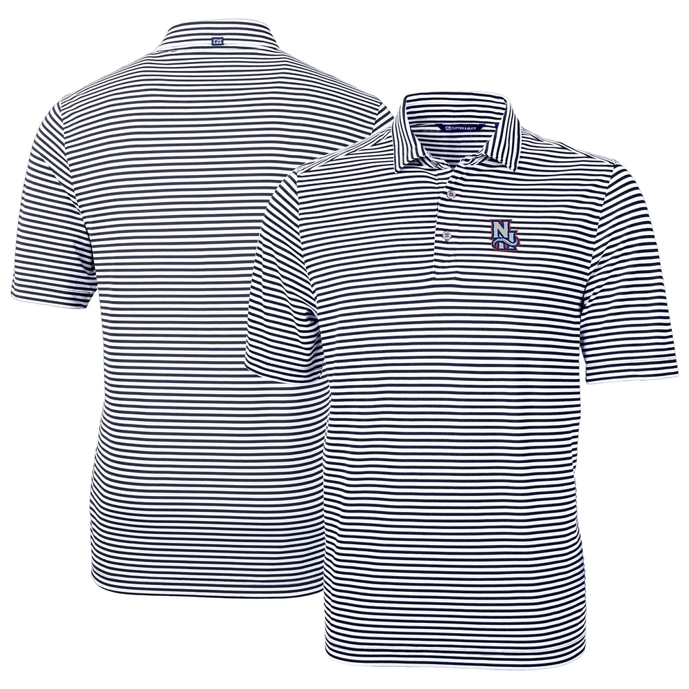 Men's Cutter & Buck Navy New Hampshire Fisher Cats DryTec Virtue Eco Pique Stripe Recycled Polo