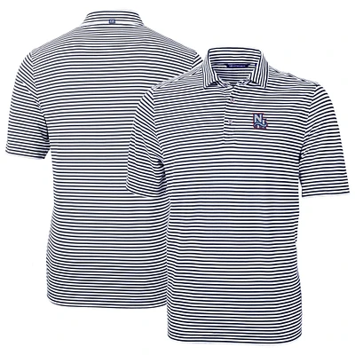 Men's Cutter & Buck Navy New Hampshire Fisher Cats DryTec Virtue Eco Pique Stripe Recycled Polo