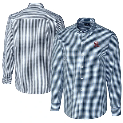 Men's Cutter & Buck Navy Frisco RoughRiders Big Tall Easy Care Stretch Gingham Long Sleeve Button-Down Shirt