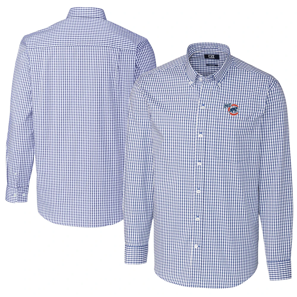 Men's Cutter & Buck Blue Iowa Cubs Big Tall Easy Care Stretch Gingham Long Sleeve Button-Down Shirt
