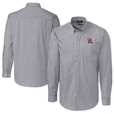 Men's Cutter & Buck Charcoal Frisco RoughRiders Big Tall Easy Care Stretch Gingham Long Sleeve Button-Down Shirt