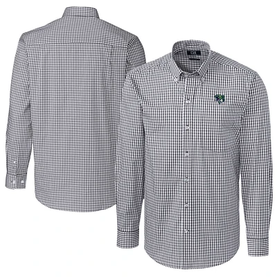 Men's Cutter & Buck Charcoal Gwinnett Stripers Big Tall Easy Care Stretch Gingham Long Sleeve Button-Down Shirt