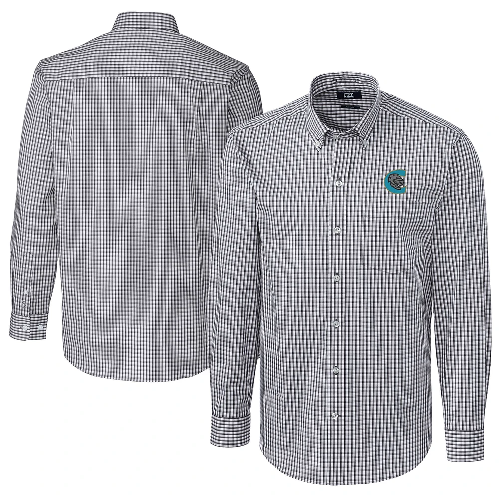 Men's Cutter & Buck Charcoal Charlotte Knights Big Tall Easy Care Stretch Gingham Long Sleeve Button-Down Shirt