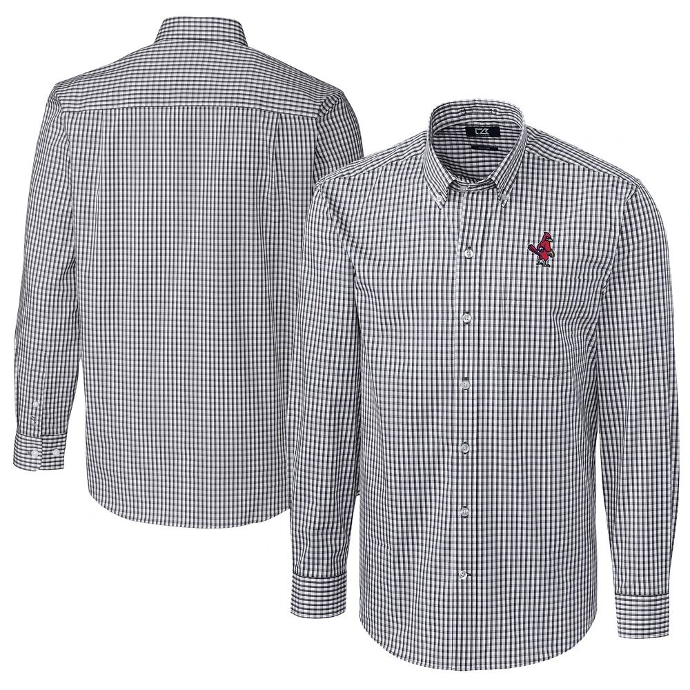 Men's Cutter & Buck Charcoal Memphis Redbirds Big Tall Easy Care Stretch Gingham Long Sleeve Button-Down Shirt