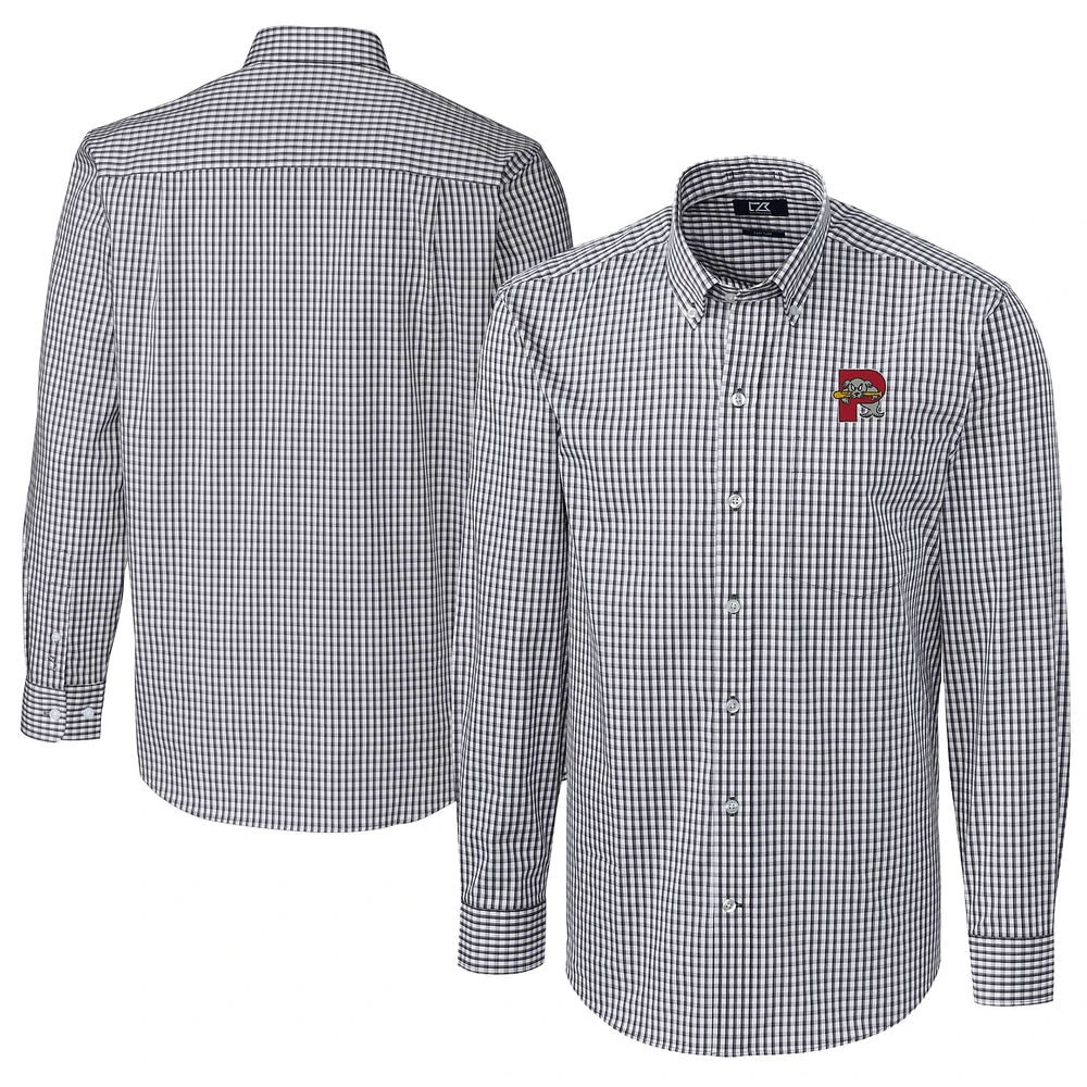 Men's Cutter & Buck Charcoal Portland Sea Dogs Big Tall Easy Care Stretch Gingham Long Sleeve Button-Down Shirt
