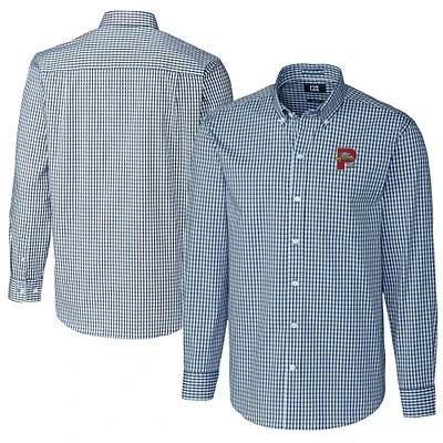 Men's Cutter & Buck Navy Portland Sea Dogs Big Tall Easy Care Stretch Gingham Long Sleeve Button-Down Shirt