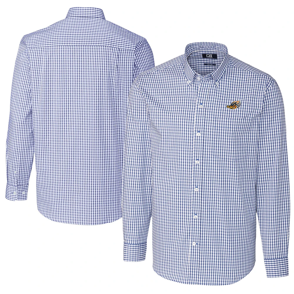 Men's Cutter & Buck Blue Akron RubberDucks Big Tall Easy Care Stretch Gingham Long Sleeve Button-Down Shirt