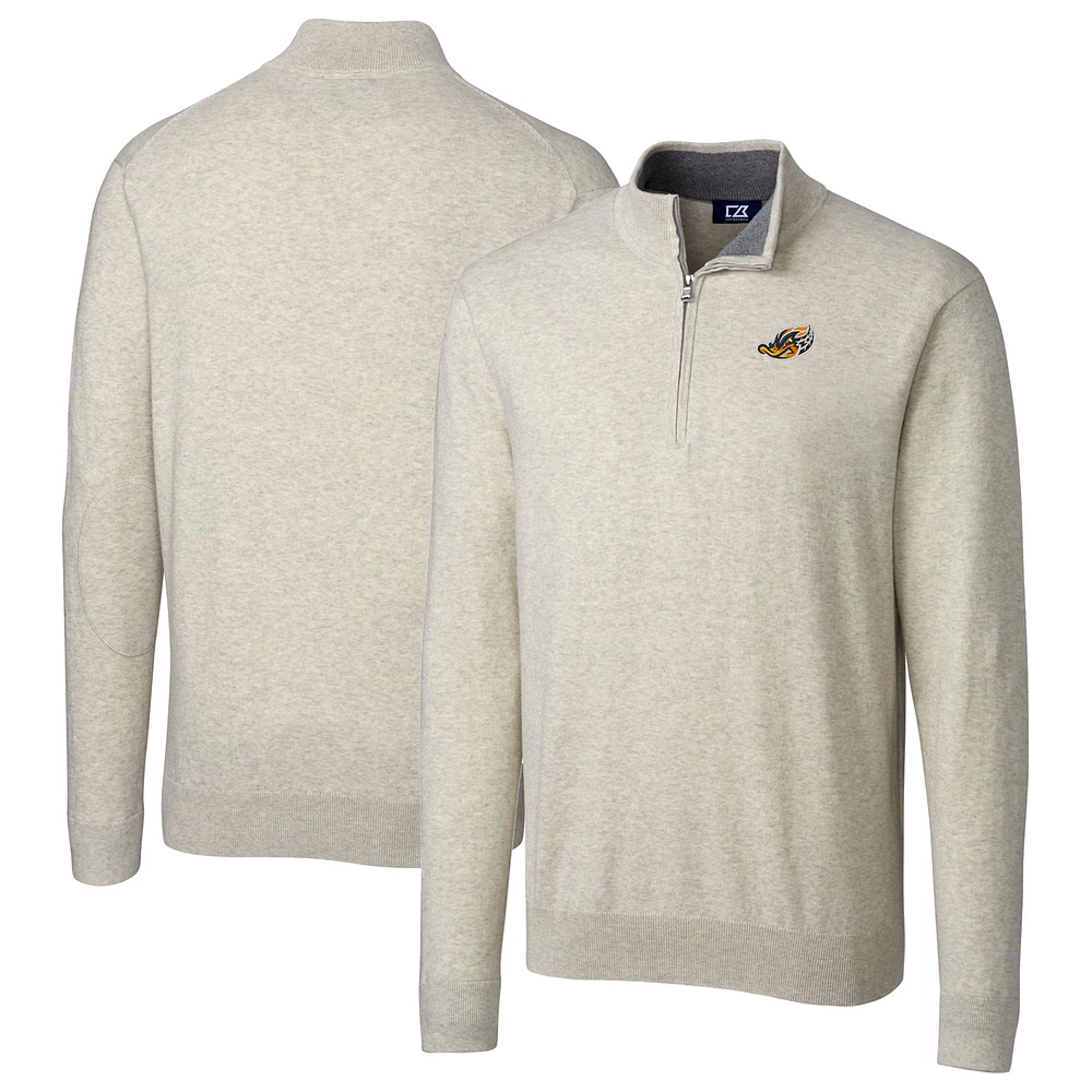 Men's Cutter & Buck Oatmeal Akron RubberDucks Big & Tall Lakemont Tri-Blend Quarter-Zip Pullover Sweater