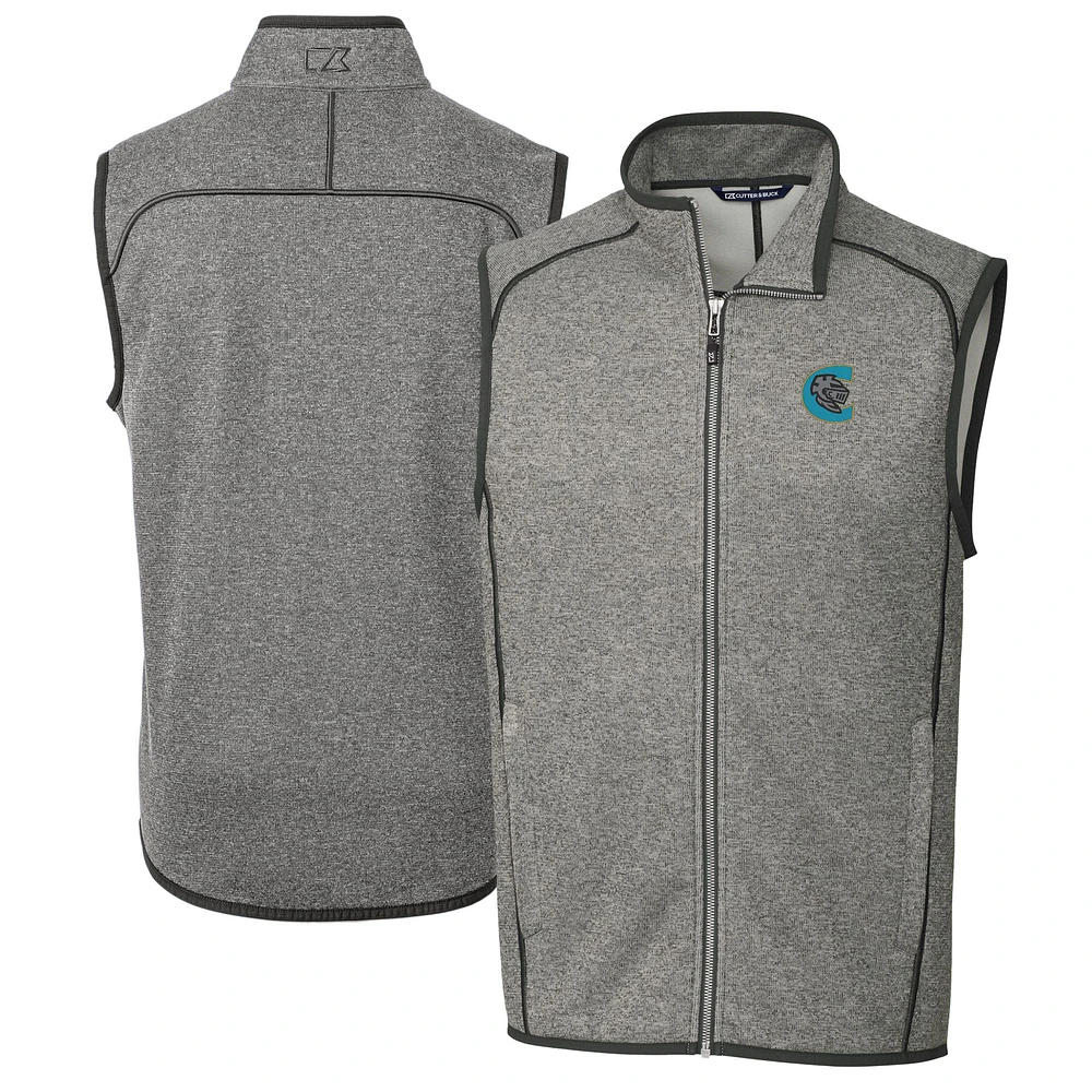 Men's Cutter & Buck Heather Gray Charlotte Knights Big Tall Mainsail Sweater-Knit Full-Zip Vest