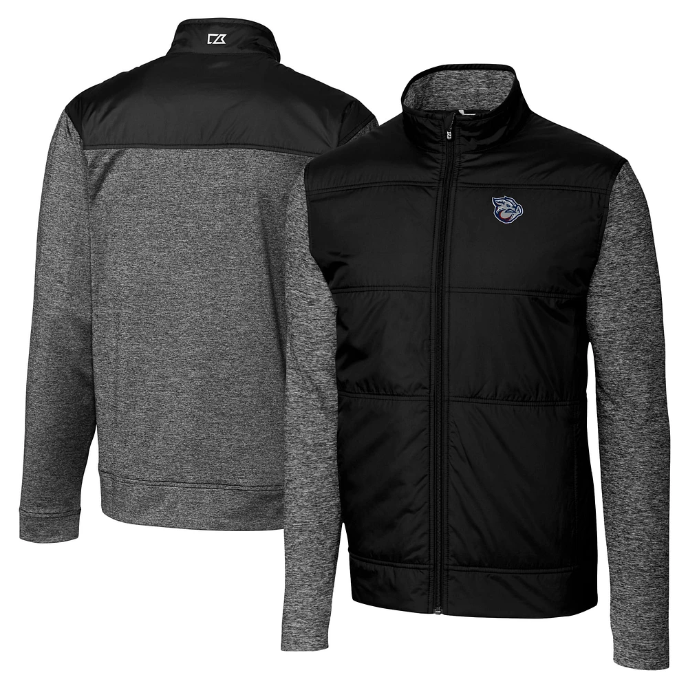 Men's Cutter & Buck Black Lehigh Valley IronPigs Big Tall Stealth Hybrid Quilted Full-Zip Windbreaker Jacket
