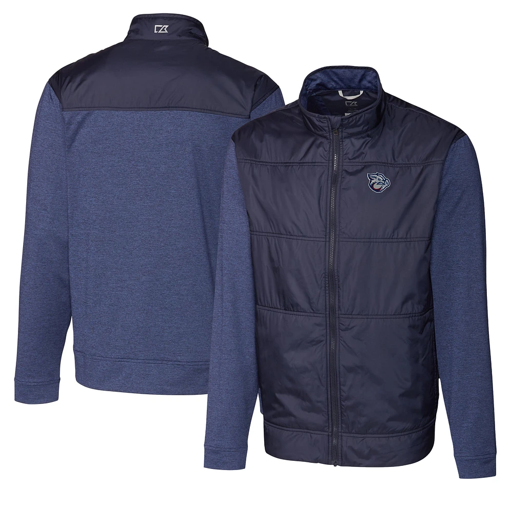 Men's Cutter & Buck Navy Lehigh Valley IronPigs Big Tall Stealth Hybrid Quilted Full-Zip Windbreaker Jacket