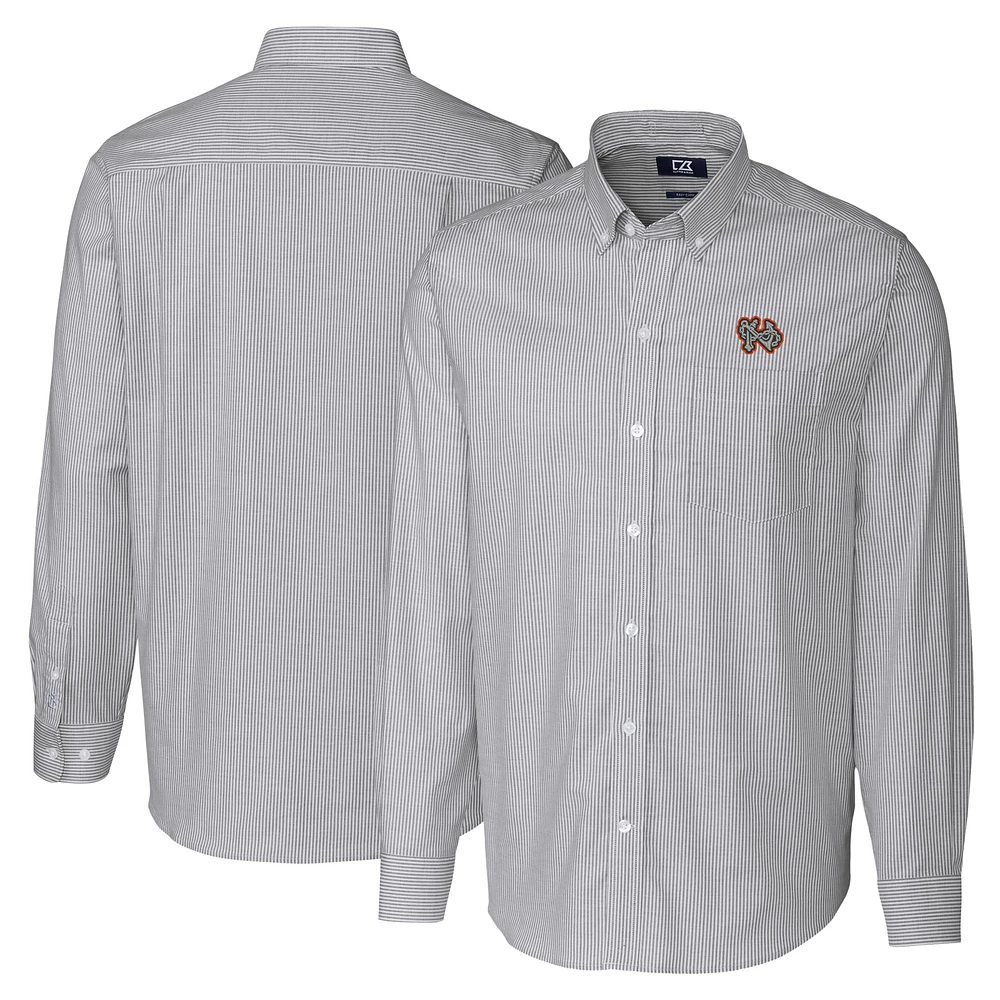 Men's Cutter & Buck Charcoal Norfolk Tides Big Tall Oxford Stretch Stripe Long Sleeve Button-Down Dress Shirt