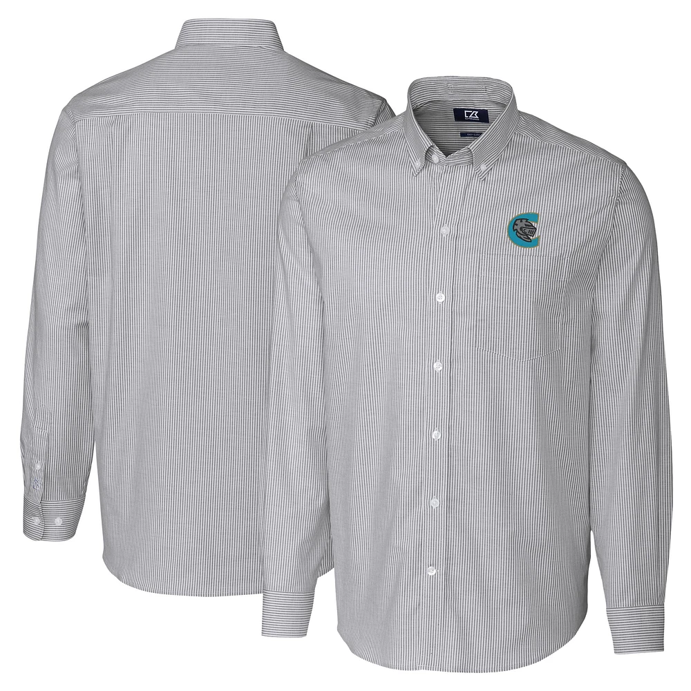 Men's Cutter & Buck Charcoal Charlotte Knights Big Tall Oxford Stretch Stripe Long Sleeve Button-Down Dress Shirt