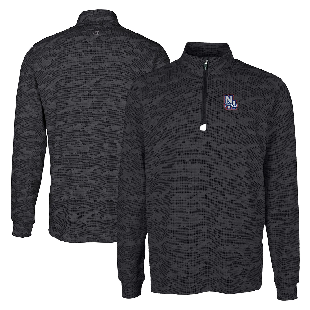 Men's Cutter & Buck Black New Hampshire Fisher Cats Big Tall Traverse Camo Print Stretch Quarter-Zip Pullover Top