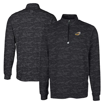 Men's Cutter & Buck Black Akron RubberDucks Big Tall Traverse Camo Print Stretch Quarter-Zip Pullover Top